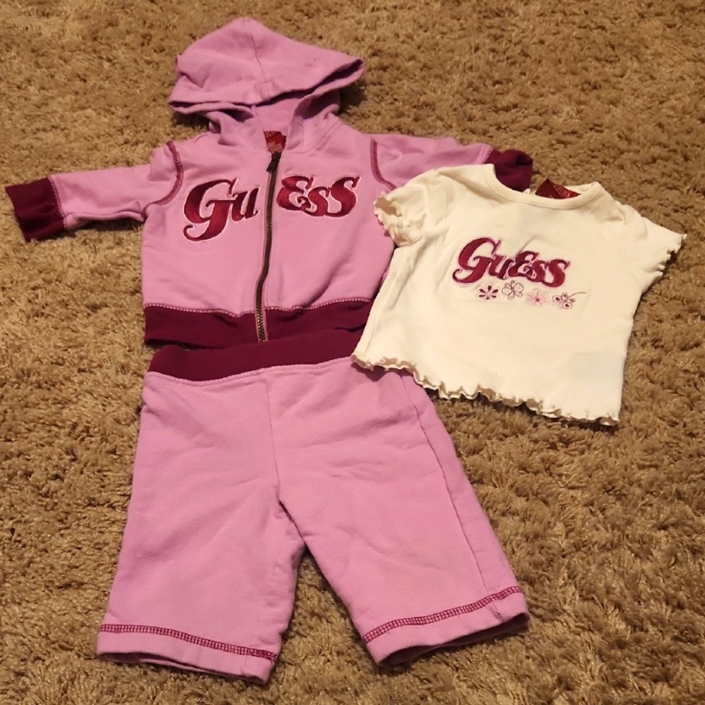 Baby GUESS Pink & Magenta 3 Pc Matching Embroderied Sweatsuit! Size0/3m WORN 1X!